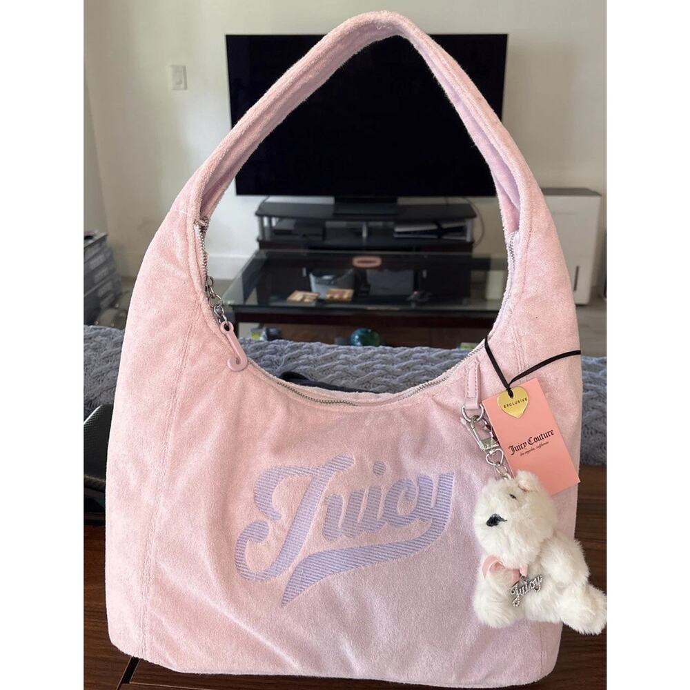 NWT Juicy Couture Too Cute Hobo Bag Shoulder Bag Powder Blush Pink Purple Logo